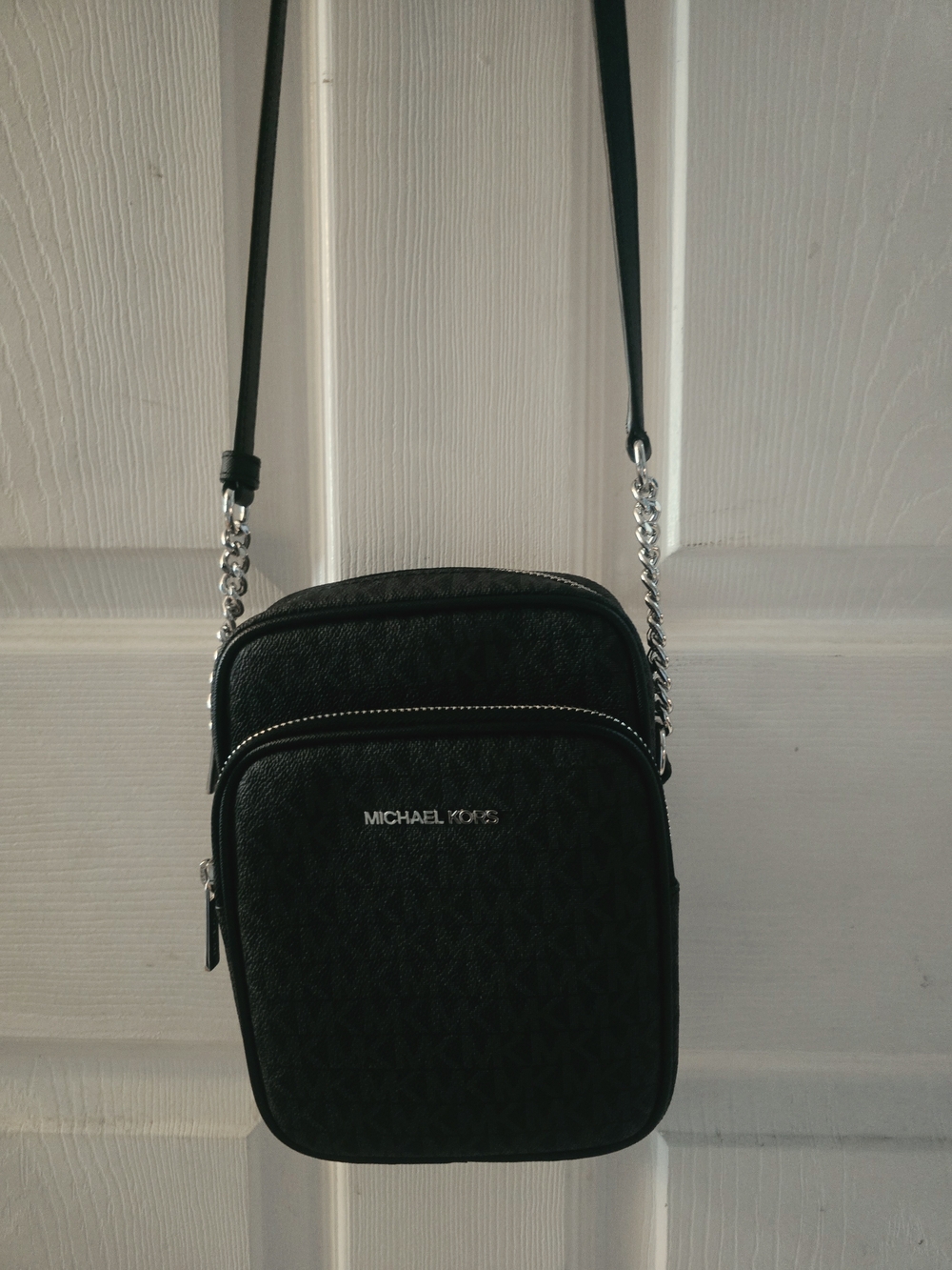 Michael Kors Black Leather Messenger Crossbody with Silver Chain Detail